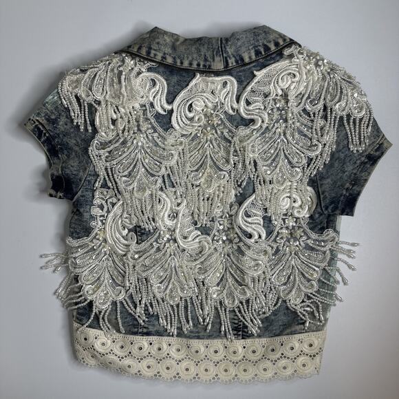 YMI Beaded Pearl Painted Denim Jacket Coquette Western Glam Festival Size S USA - Picture 4 of 13